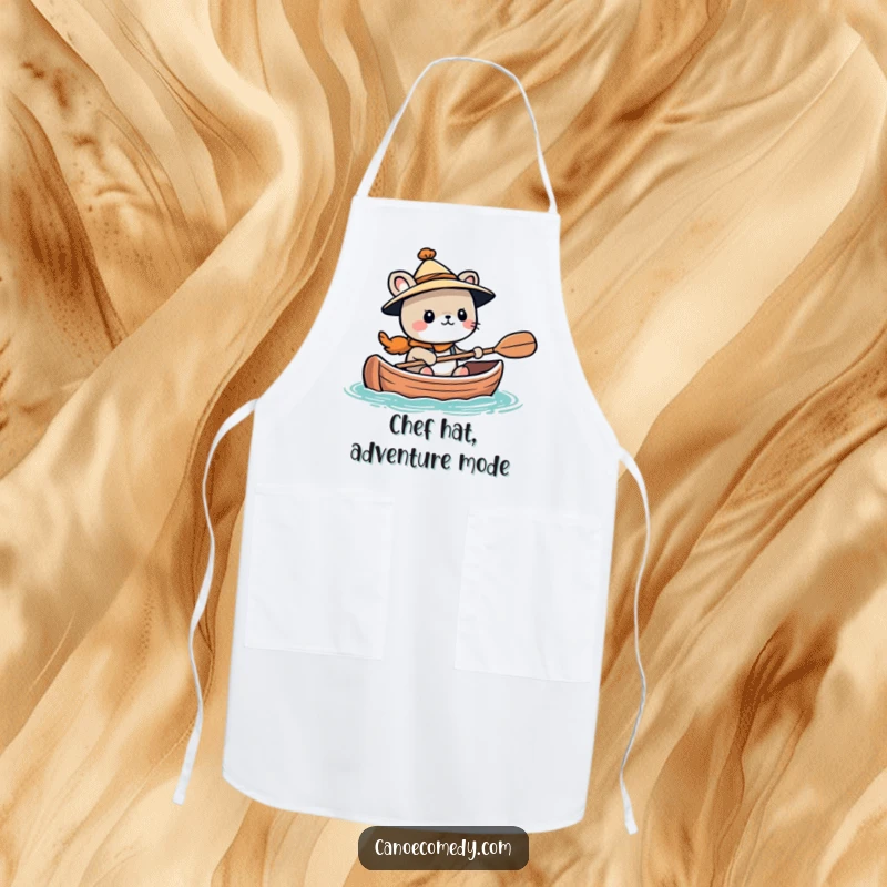 Funny Kawaii animal character wearing a tiny hat, looking adventurous in a canoe, a humorous and practical apron.