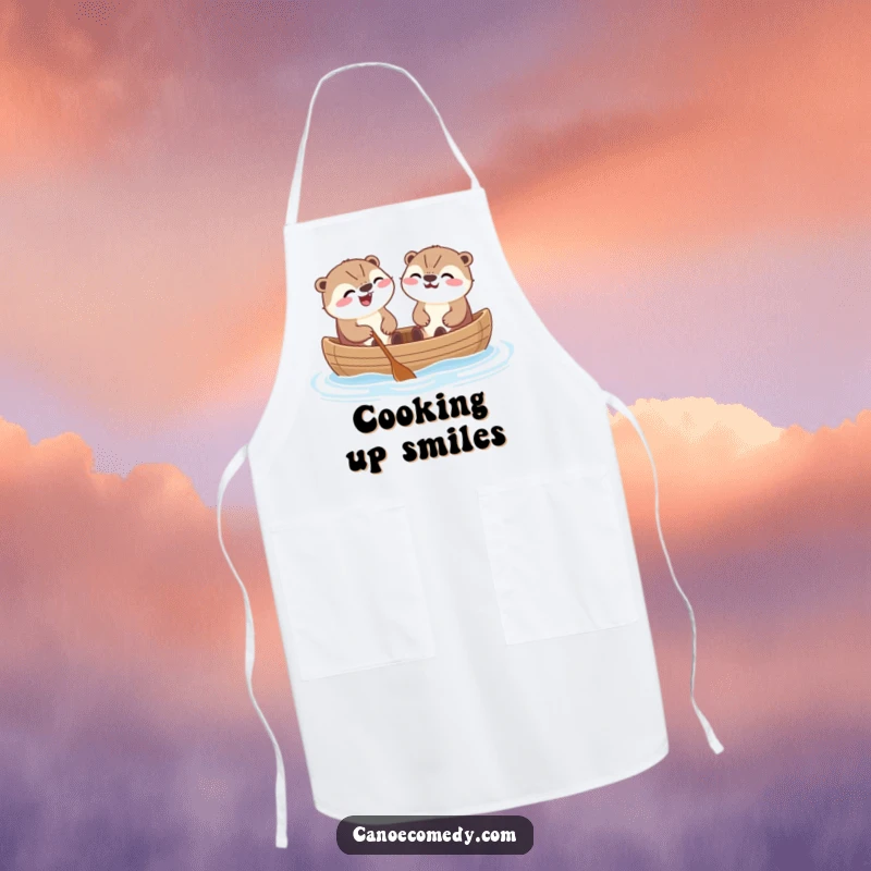 Funny Kawaii otters in a canoe, laughing together, wearing an apron, suitable for kitchen use.