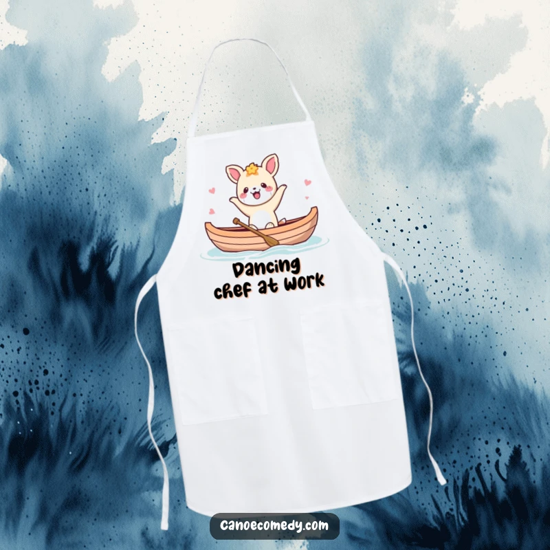 Funny Kawaii animal character dancing in a canoe, printed on a functional kitchen apron for festive cooking.