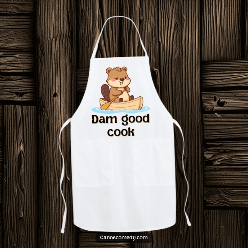 Funny beaver in a canoe using its tail as a rudder, depicted on a stylish apron, ideal for kitchen fun and humorous cooking sessions.