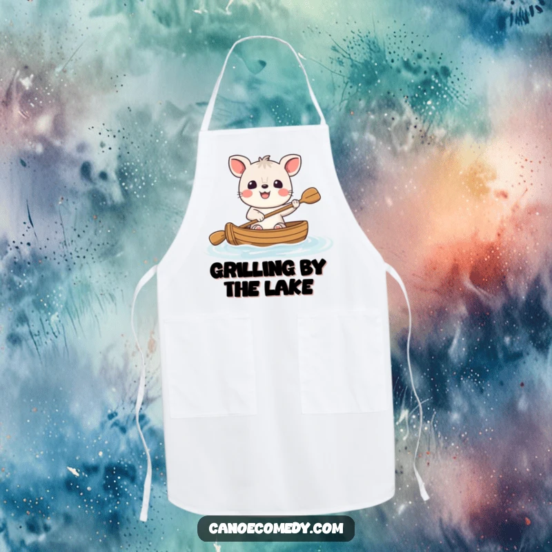 Funny cheerful animal apron, a happy character with a big smile paddling a small canoe, adding humorous flair to culinary adventures.