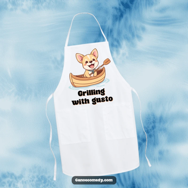 Funny small dog cheerfully barking with excitement from a canoe, a humorous and practical apron for dog-loving chefs.