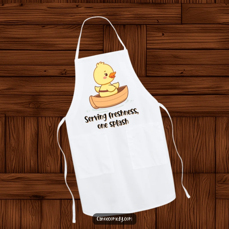 Funny happy duckling apron riding in a tiny canoe with a big smile, cute and functional kitchen accessory.