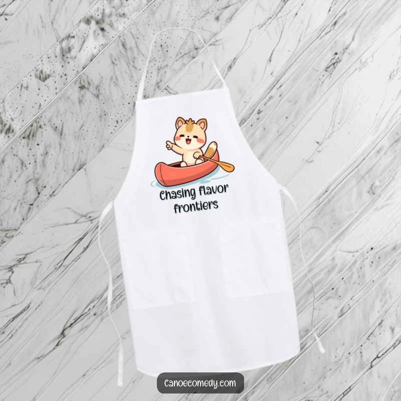 Funny Kawaii animal character excitedly pointing forward from a canoe on a kitchen apron, for culinary explorers.
