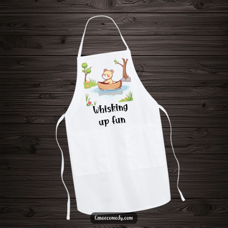 Funny apron showing a giggling animal whose canoe drifts down a calm stream, perfect for a relaxed and happy cook.
