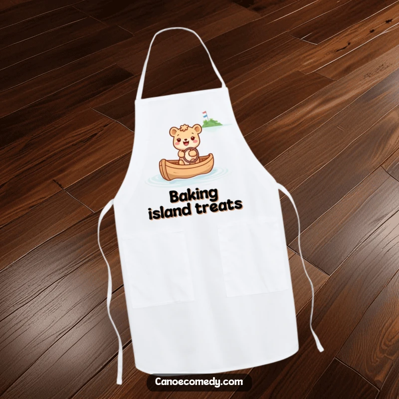Funny apron showing a happy animal steering a canoe towards a distant, sparkly island, perfect for joyful cooking.