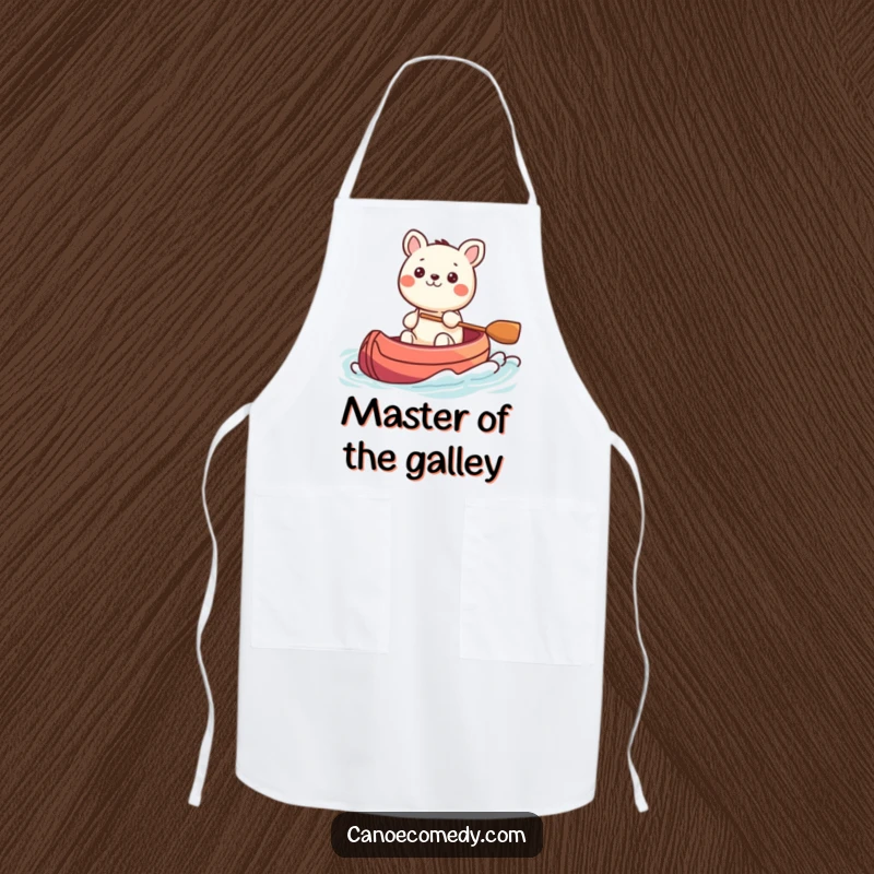 Funny Kawaii animal character steering a colorful canoe through gentle waves, a humorous and practical apron for the kitchen.