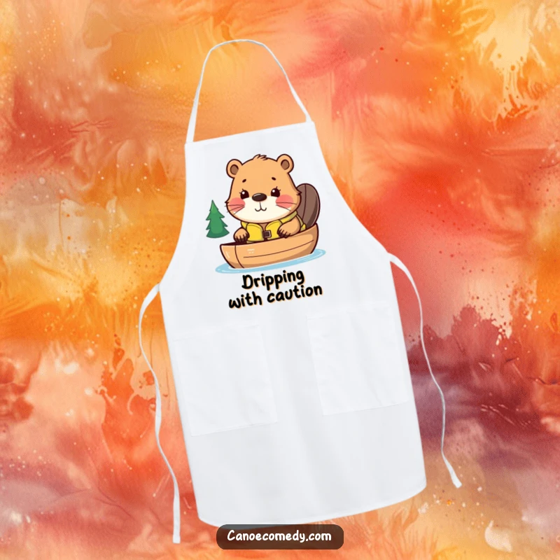 Funny apron with a curious kawaii beaver in a life jacket, ready to canoe, ideal for humorous kitchen protection during cooking.