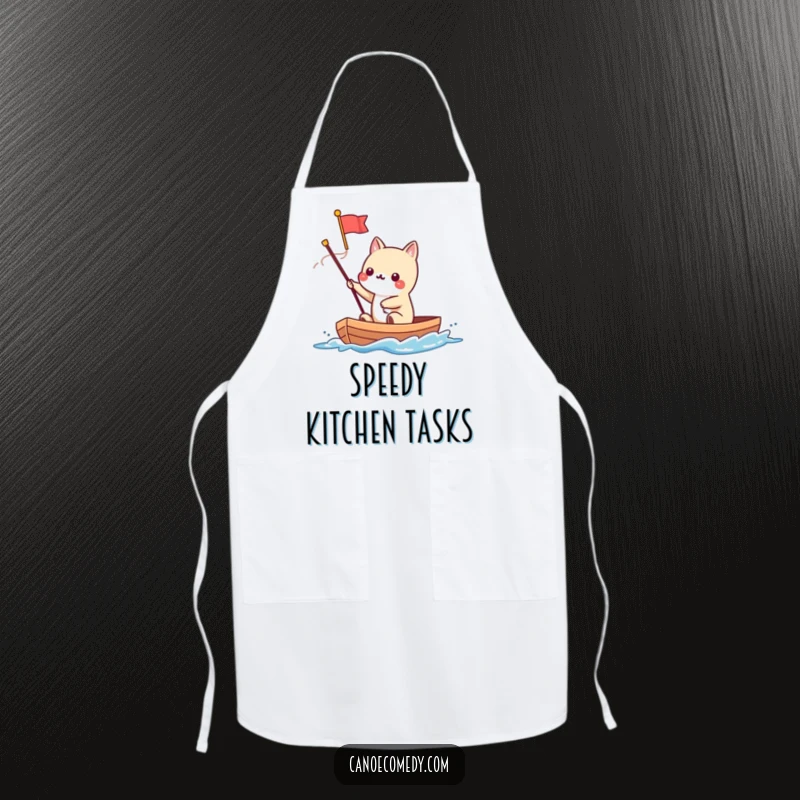 Funny Kawaii animal character waving a flag from a speeding canoe, printed on a functional kitchen apron.
