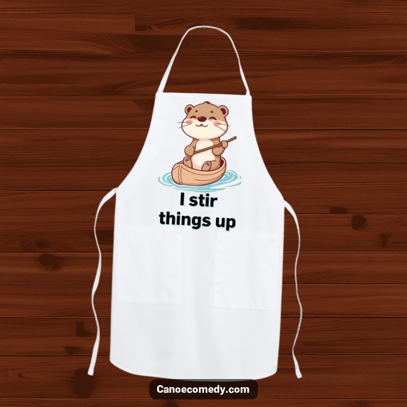 Funny otter steering a canoe with a stick while cooking, perfect for a humorous apron and a funny gift.