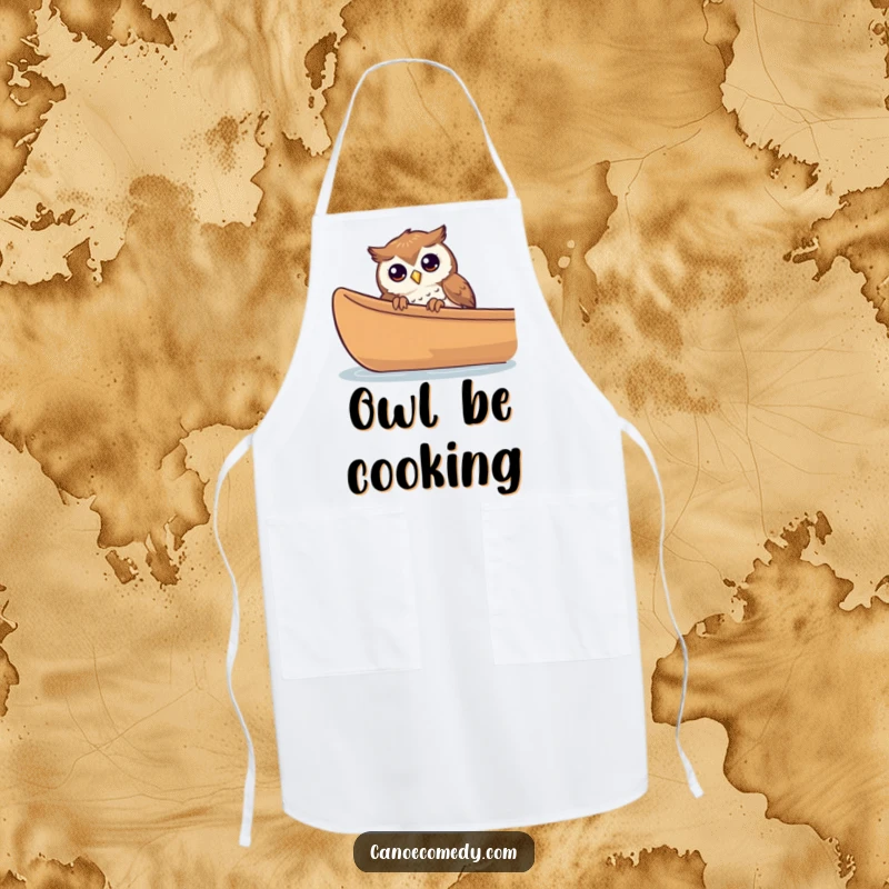 Funny curious owl peeking over the edge of a canoe on an apron, bringing kitchen whimsy.
