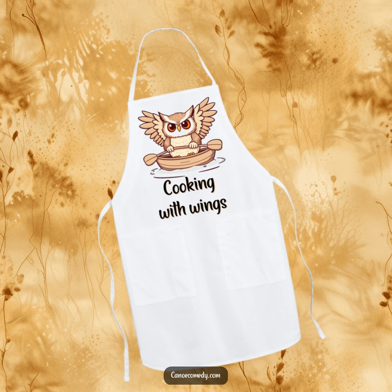 Funny Owl Paddling Canoe Apron, showing a determined owl paddling a canoe, perfect for adding humor to cooking.