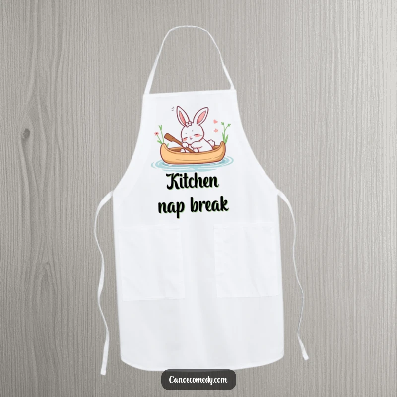Funny apron with a snoozing cartoon rabbit in a canoe, perfect for kitchen tasks, bringing a calm and humorous touch, a funny gift.