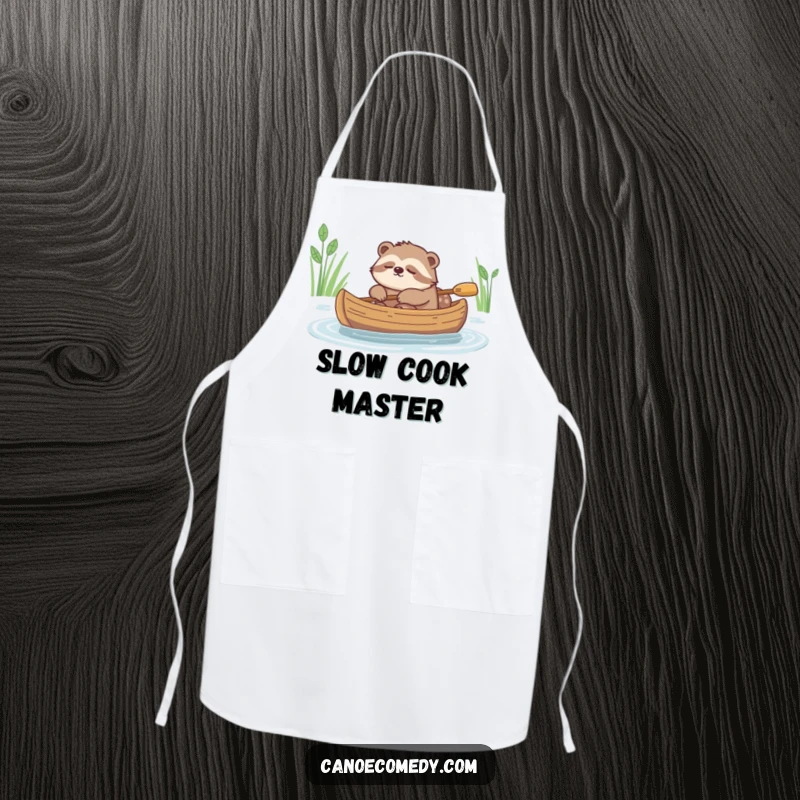 Funny apron illustration of a sleepy sloth slowly drifting in a canoe, perfect for relaxed cooking.