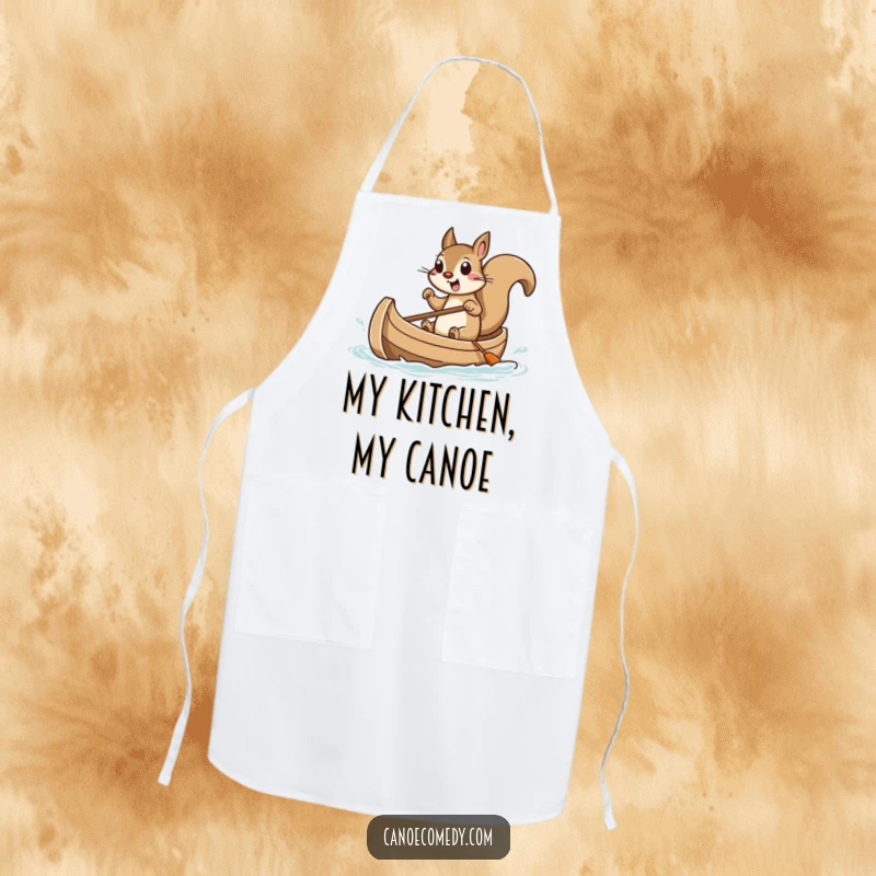 Funny squirrel apron showing a squirrel steering a small canoe with high excitement, ideal for adding fun to cooking.