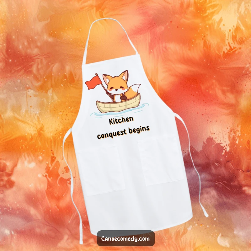 Funny fox apron showing a fox in a small canoe waving a flag, perfect for adding wit and fun to cooking.