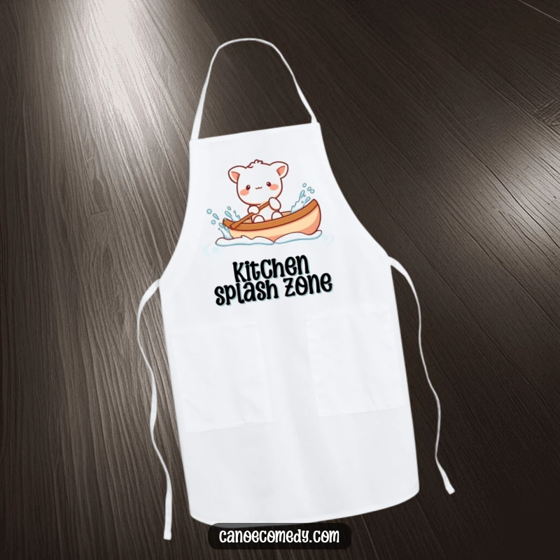 Funny Kawaii animal character playfully splashing water from a canoe, a humorous and practical apron for kitchen fun.
