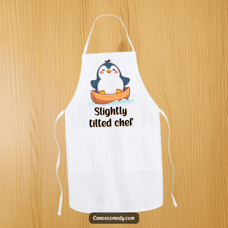 Funny Apron showcasing a plump kawaii penguin in a canoe, looking comically unbalanced but happy while cooking.