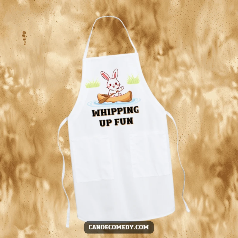 Funny apron showing an excited rabbit steering a canoe, ideal for a humorous and mess-free cooking adventure in the kitchen.