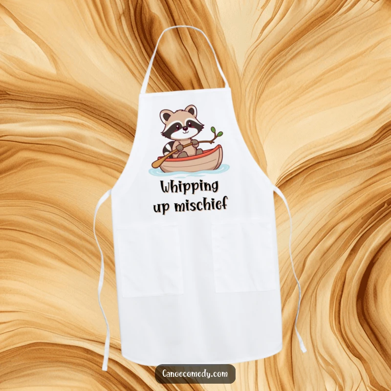 Funny Kawaii raccoon in a canoe, steering with a twig, wearing an apron, great for cooking.