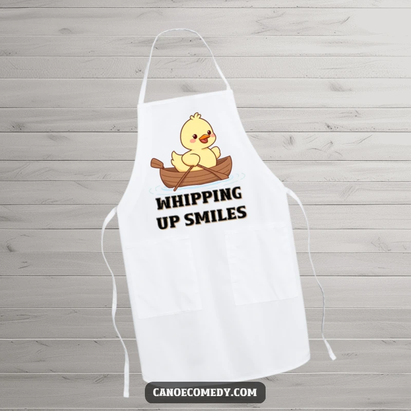 Adorable Kawaii duck in a tiny canoe paddling with a smile, on a practical and humorous apron.