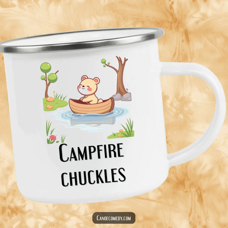 Funny camping mug featuring a happy animal giggling as its canoe drifts down a calm stream, embodying relaxed fun.