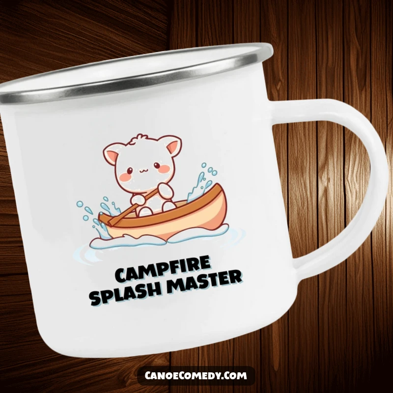 Funny Kawaii animal character playfully splashing water from a canoe, a sturdy camping mug for playful outdoor moments.