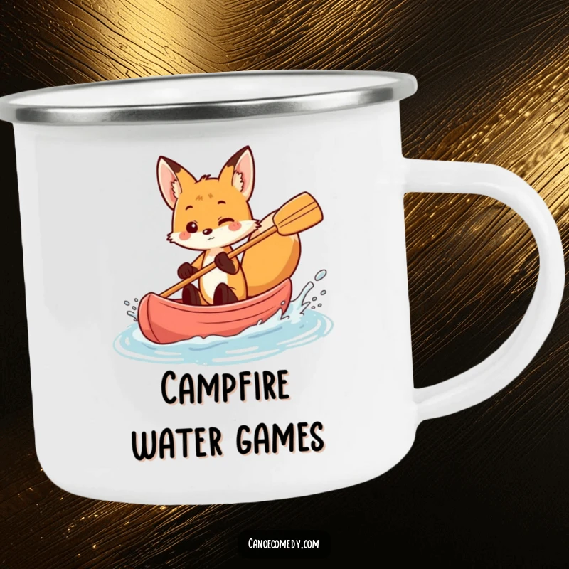 Funny fox playfully splashing water in a canoe, adventurous camping mug, lively outdoor gear, gift for adventurers.