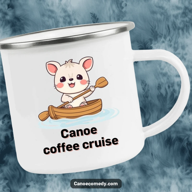 Funny cheerful animal camping mug, a happy character with a big smile paddling a small canoe, ideal for humorous outdoor journeys.