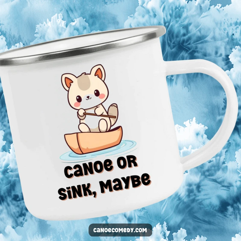 Funny Kawaii animal character balancing in a canoe on a durable camping mug, ideal for outdoor humor.