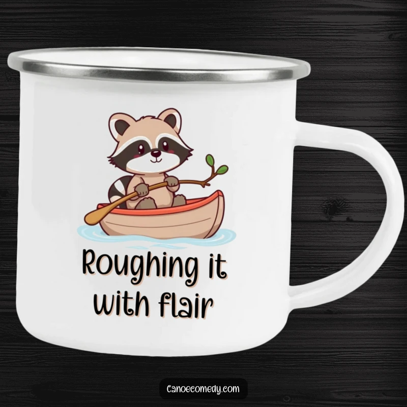 Funny Kawaii raccoon in a canoe, steering with a twig, a rugged and humorous camping mug.