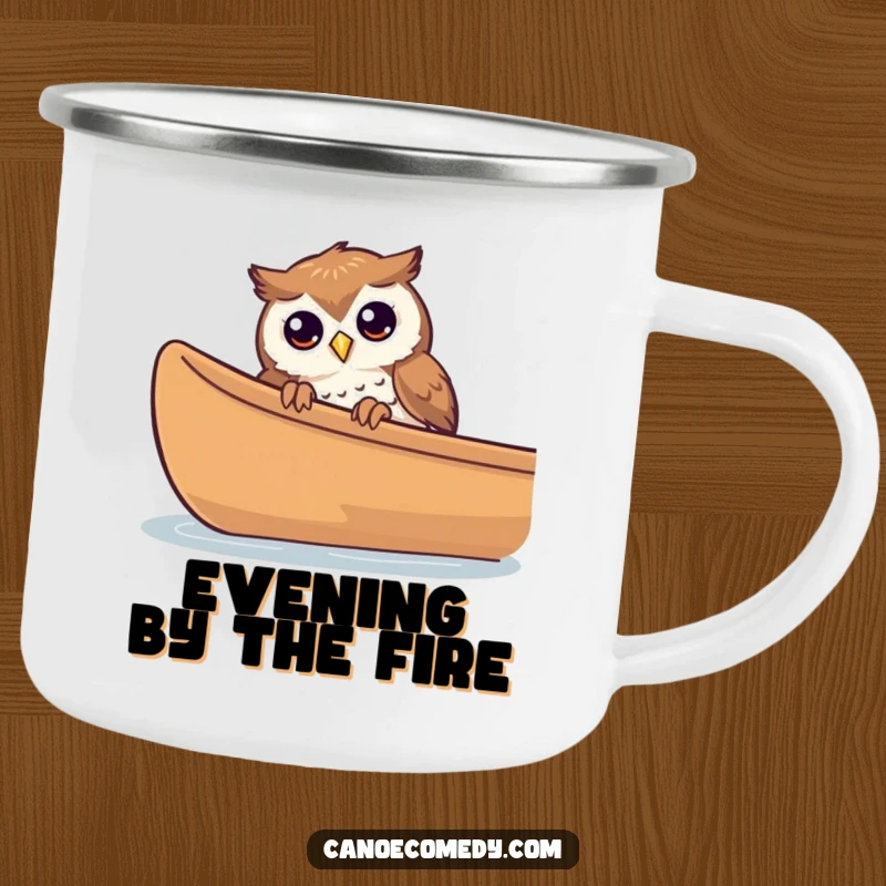Funny curious owl peeking from a canoe on a camping mug, ideal for outdoor contemplation.