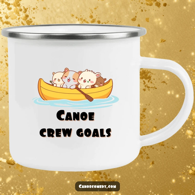 Funny camping mug showcasing small animals in a canoe, sharing hilarious jokes and giggling.