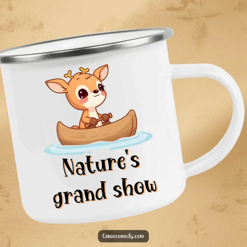 Funny Deer Wonder Canoe Camping Mug, featuring a small deer looking up in wonder from a canoe, for outdoor enjoyment.