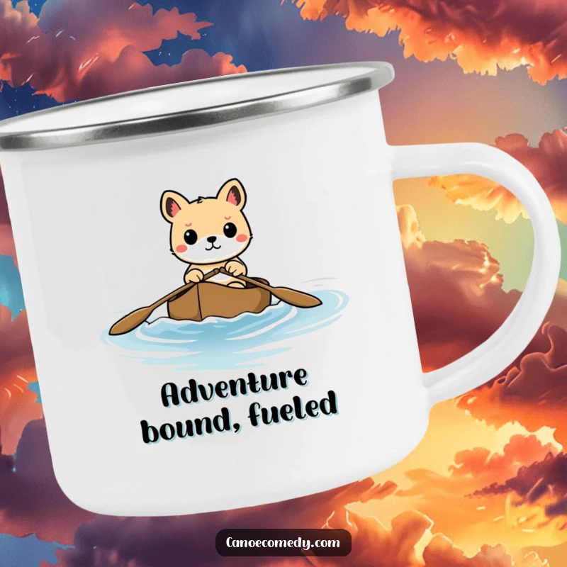 Funny camping mug featuring a steadfast animal navigating a canoe through gentle waves, embodying adventurous determination.