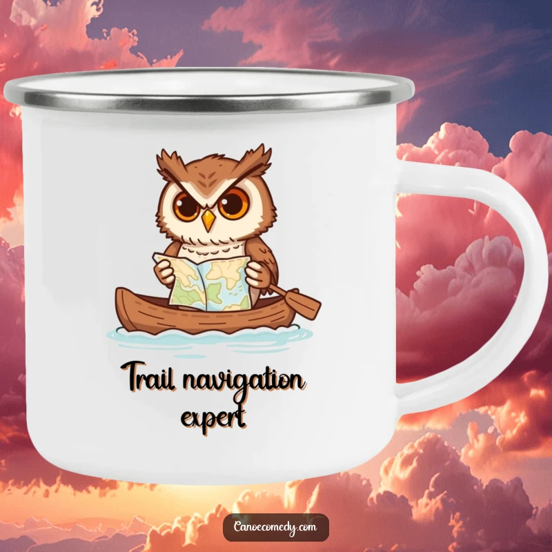 Funny owl camping mug, artistically paddling a canoe while unfurling a map, embodying a humorous outdoor spirit.