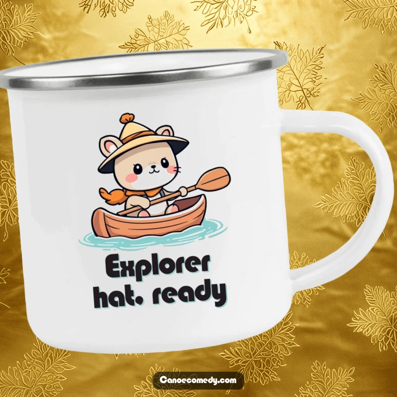 Funny Kawaii animal character wearing a tiny hat, looking adventurous in a canoe, a durable camping mug for brave souls.