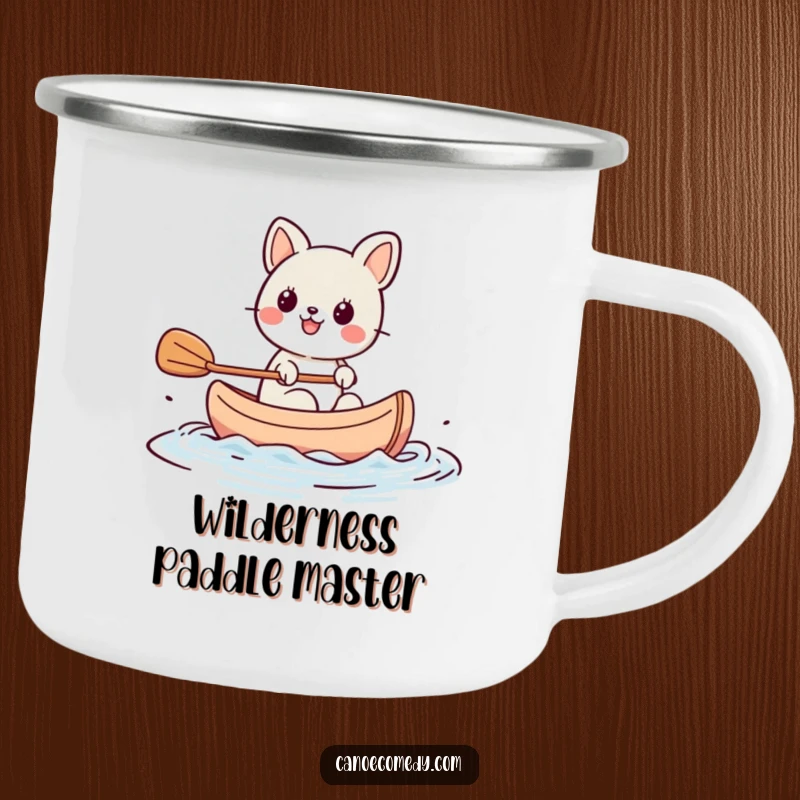 Funny Kawaii animal character paddling a tiny canoe with great enthusiasm, a durable camping mug for outdoor enthusiasts.