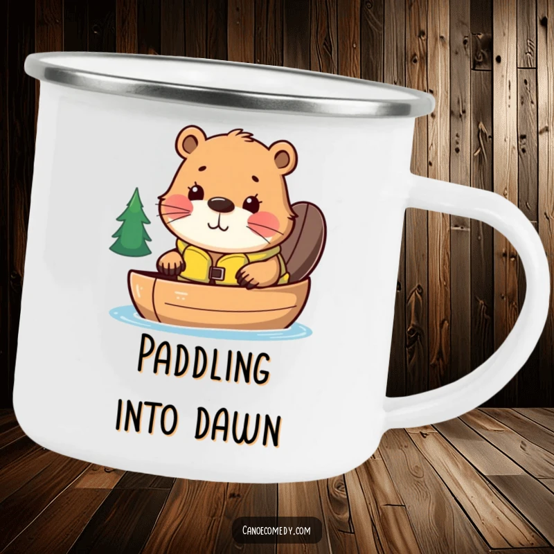 Funny camping mug featuring a curious kawaii beaver in a life jacket, peeking over a canoe, perfect for humorous outdoor sipping.