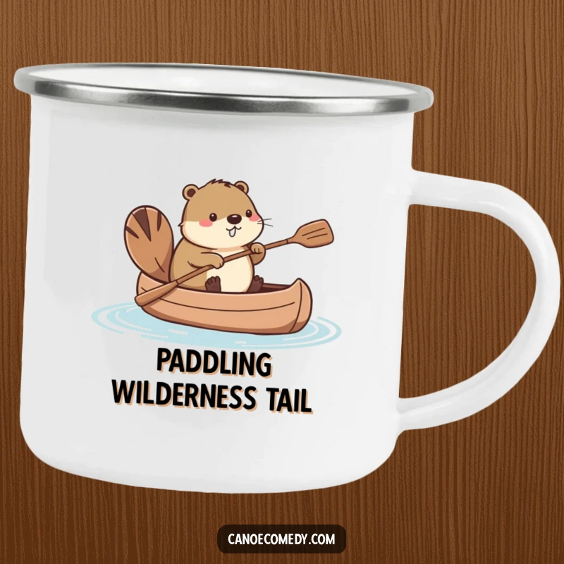 Funny Kawaii beaver in a canoe, paddling with its tail, a sturdy and humorous camping mug.