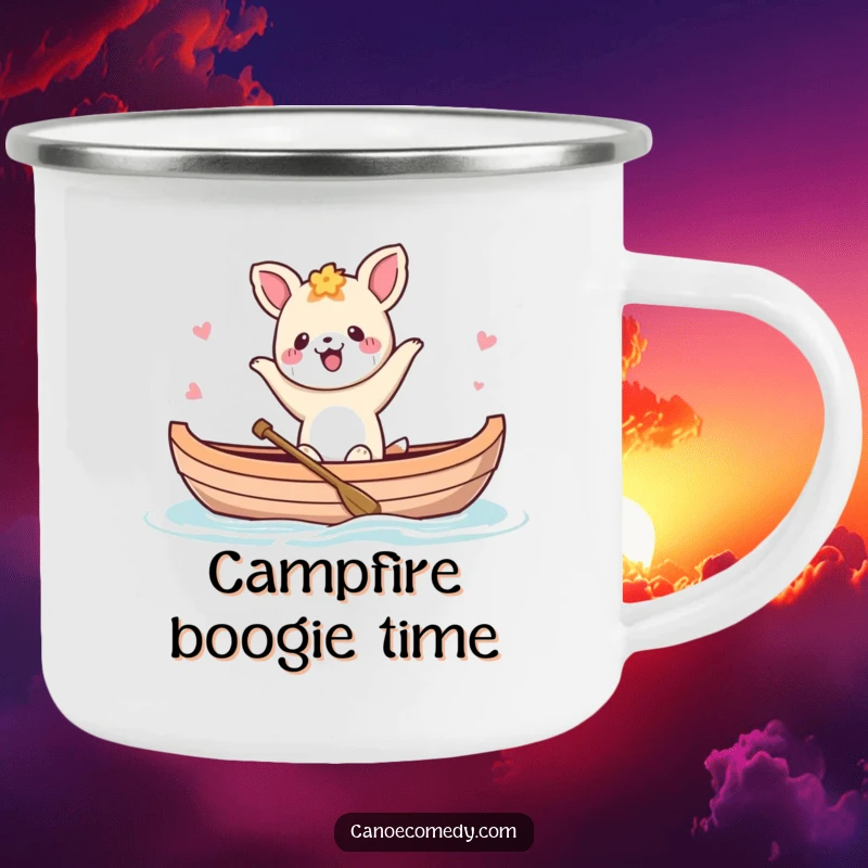 Funny Kawaii animal character dancing in a canoe, on a durable camping mug for outdoor celebration.