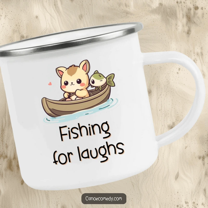 Funny Kawaii animal character in a canoe, amused by a fish, on a durable camping mug for outdoor humor.