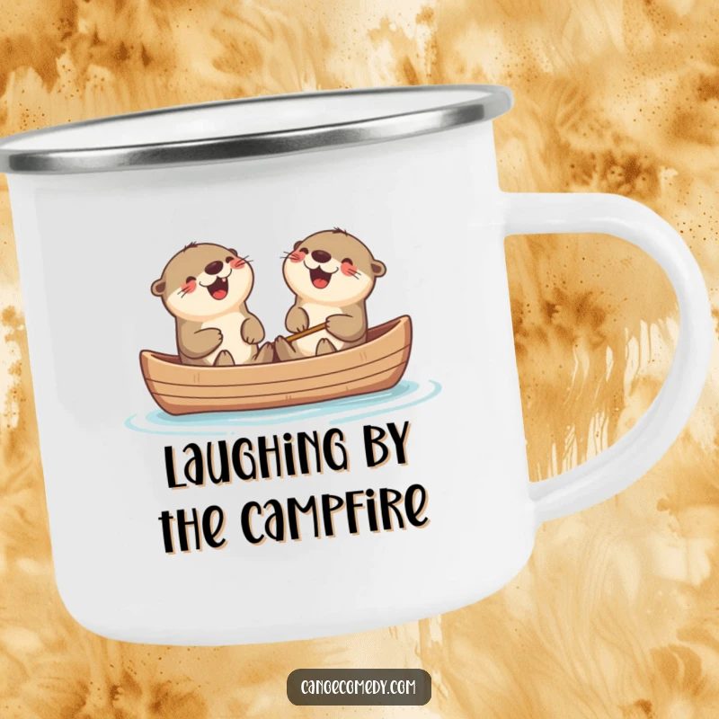 Funny Kawaii otters laughing in a canoe, a sturdy and humorous camping mug for outdoor enthusiasts.