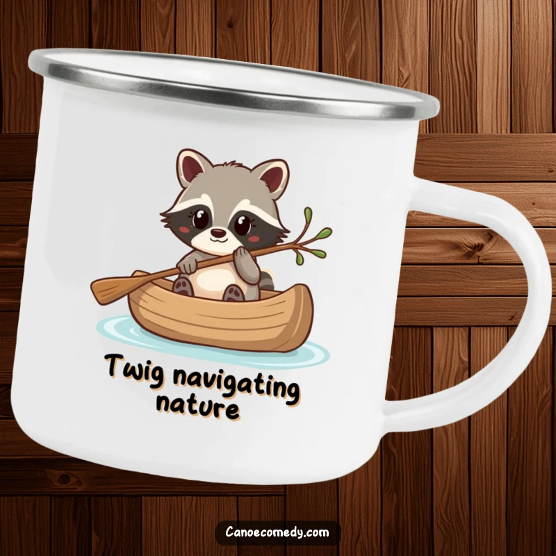 Funny Kawaii raccoon in a canoe, steering with a twig, a sturdy and humorous camping mug.