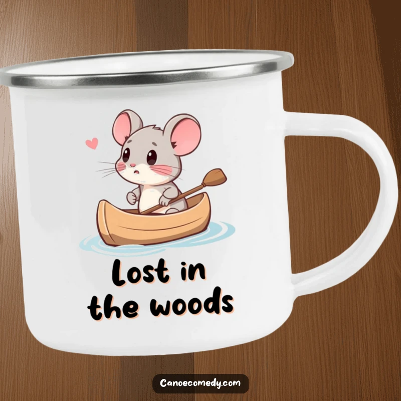 Funny small mouse character looking scared in a canoe, ideal for a durable camping mug and a funny outdoor gift.