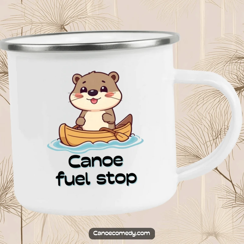 Funny Camping Mug featuring a kawaii otter steering a canoe, built for adventures and smiles. Sturdy and humorous drinkware.