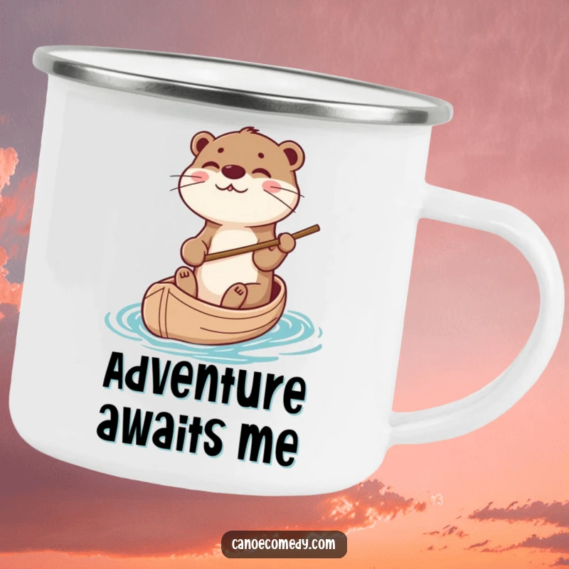 Funny otter steering a canoe with a stick, ideal for a durable camping mug and a funny adventure gift.