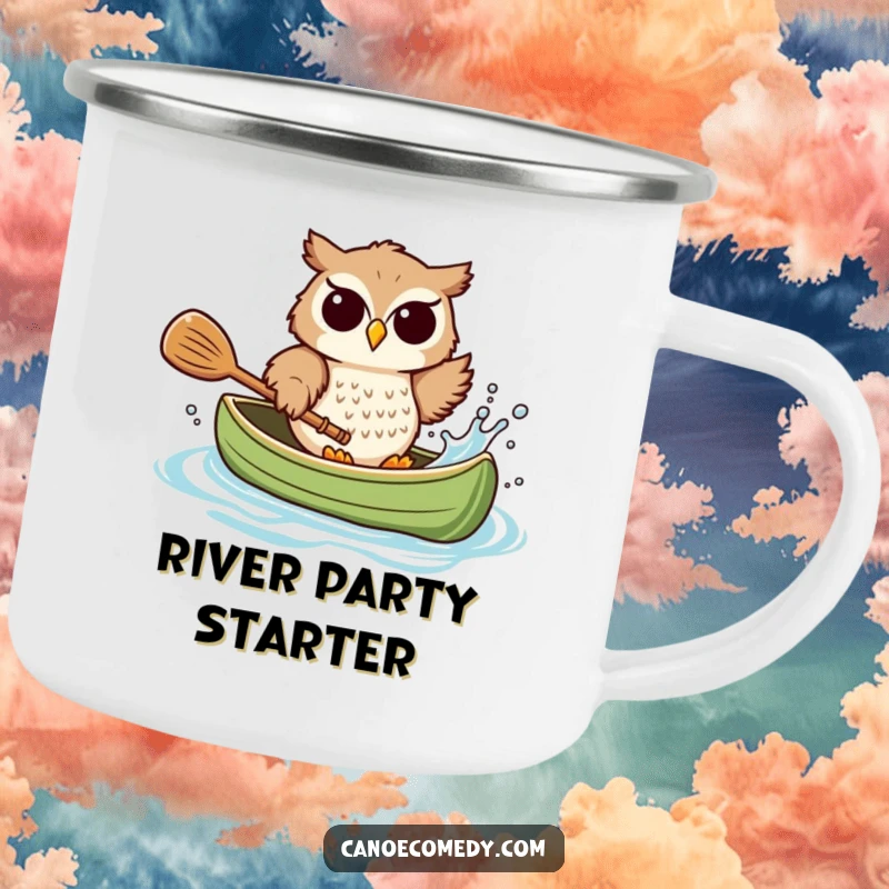 Funny owl camping mug, joyfully splashing water from a canoe with a paddle, a humorous and durable outdoor mug.