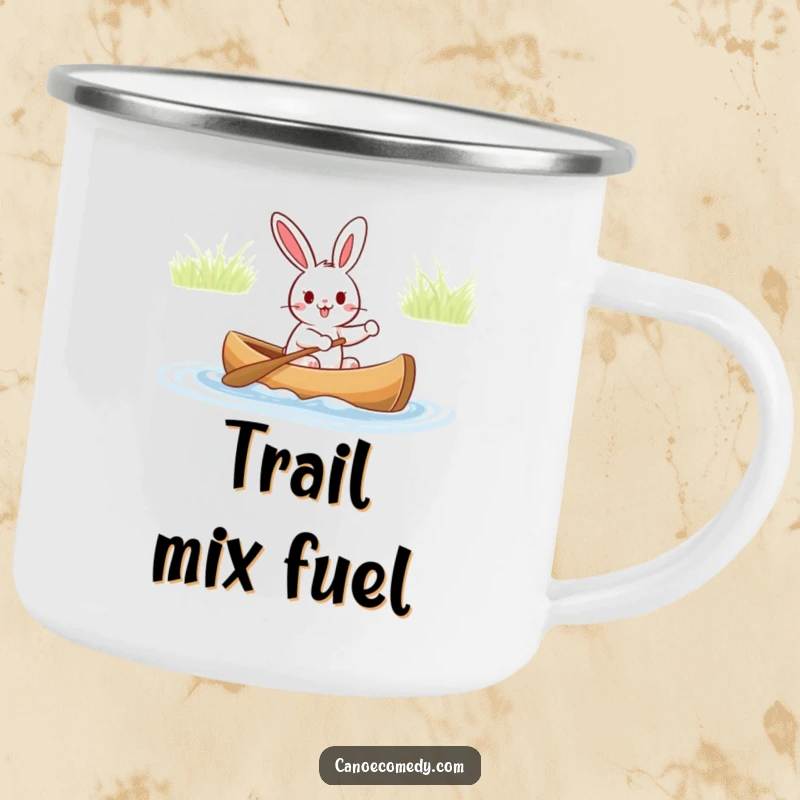 Funny camping mug featuring an excited rabbit paddling a canoe, ready for a humorous outdoor beverage break, durable for adventures.