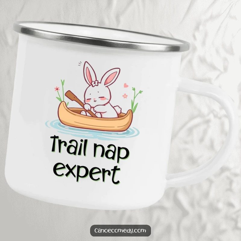 Funny camping mug with a cartoon rabbit dozing in a canoe, perfect for peaceful outdoor moments, a relaxing and funny gift.